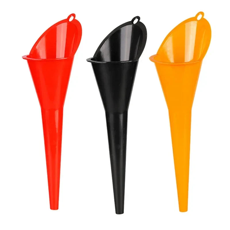 Eliteridegear long stem plastic gasoline funnel with anti-splash design for motorcycle and auto fuel refilling.