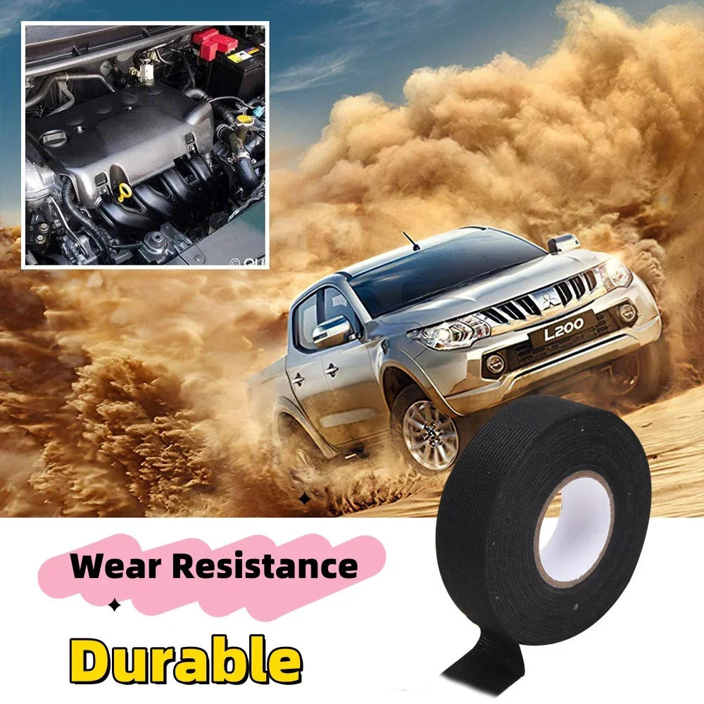 Heat-resistant automotive wiring harness tape by Eliteridegear, showing black adhesive cloth fabric for loom protection and insulation.