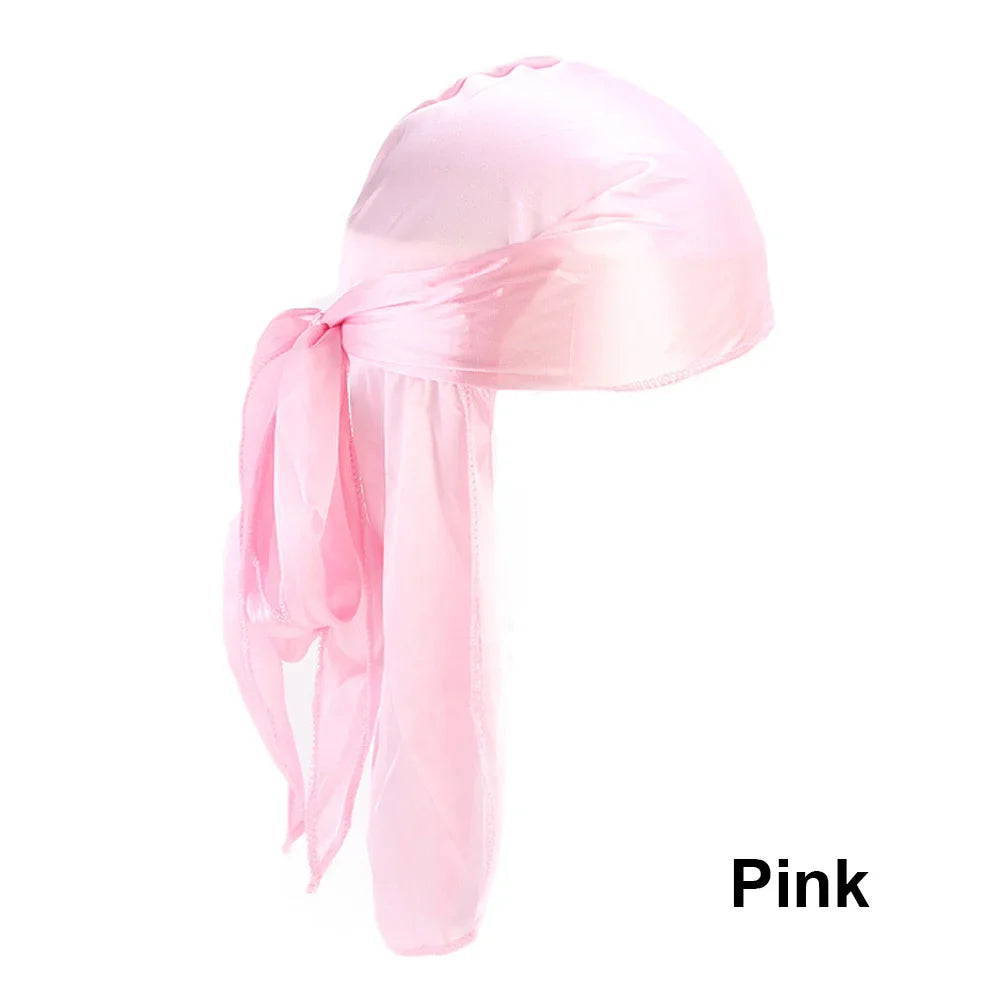 Unisex satin long tail doo rag durag bandana cap with pirate and turban style, suitable for men and women, by Eliteridegear.