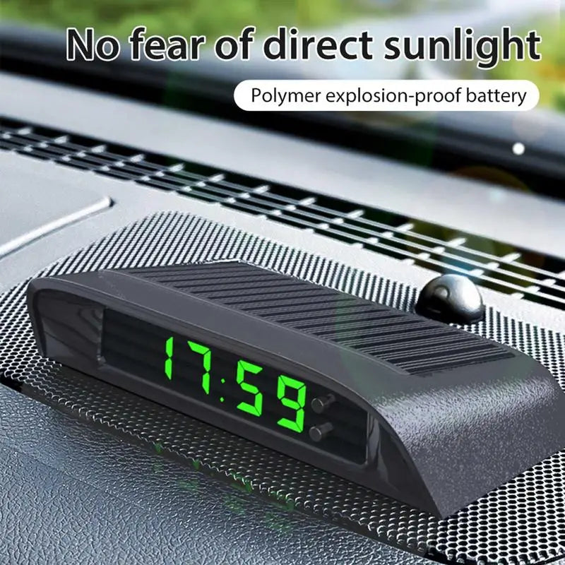 Eliteridegear portable solar car digital LCD clock showing time and temperature on a vehicle dashboard with backlight