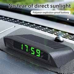Eliteridegear portable solar car digital LCD clock showing time and temperature on a vehicle dashboard with backlight