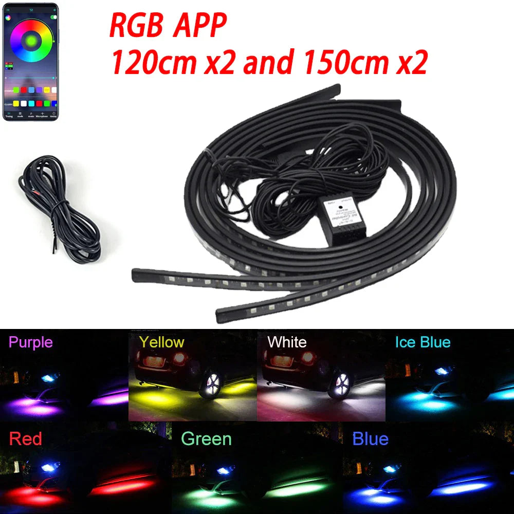 RGB flexible car underglow LED light strip by Eliteridegear, 12V ambient neon underbody lamp with app control, decorative lighting.