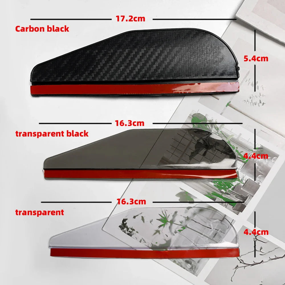 Set of two Eliteridegear carbon fiber rain brow covers on car rear view mirrors with clear visors for improved visibility.
