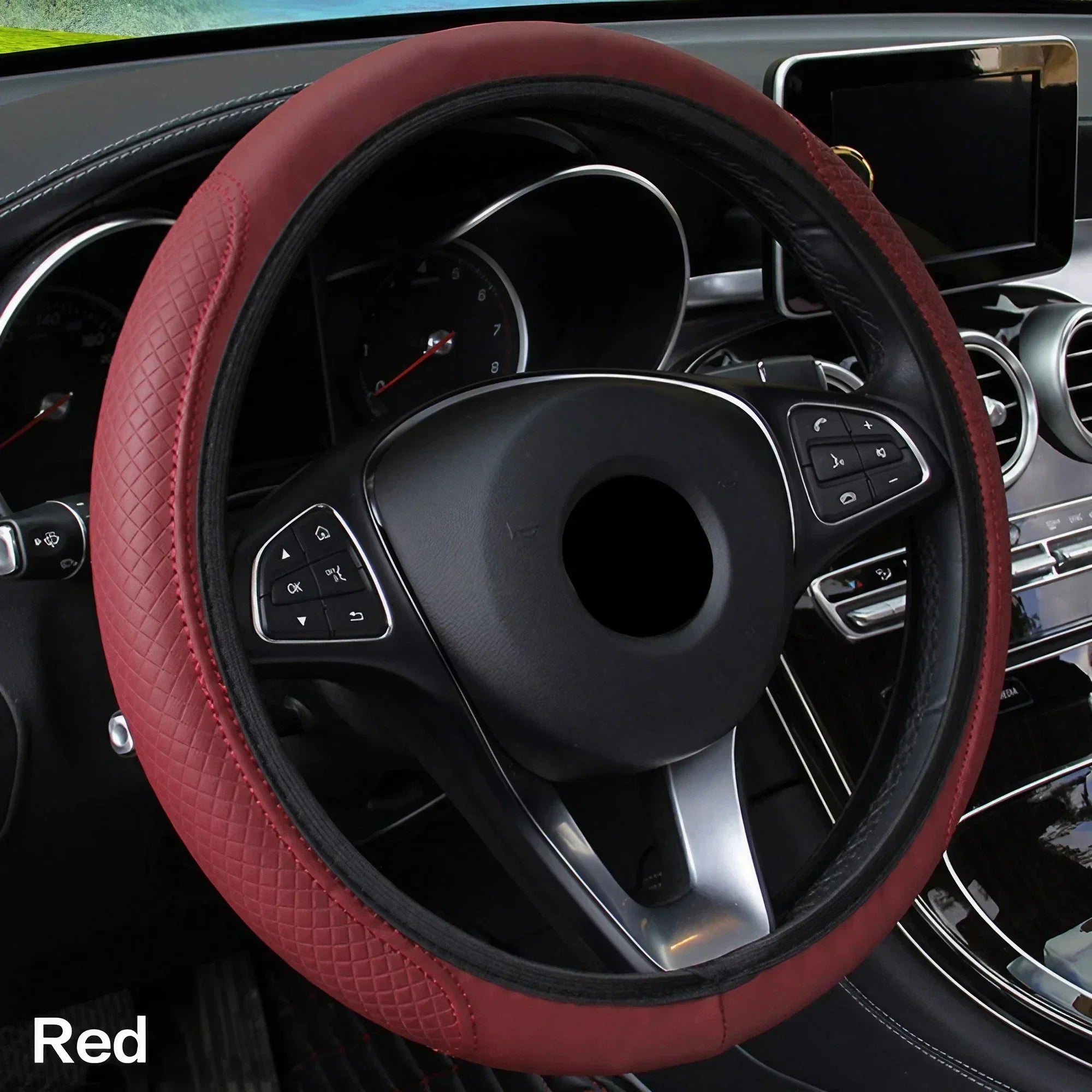 Eliteridegear breathable PU leather universal car steering wheel cover with anti-slip grip, interior decoration accessory.