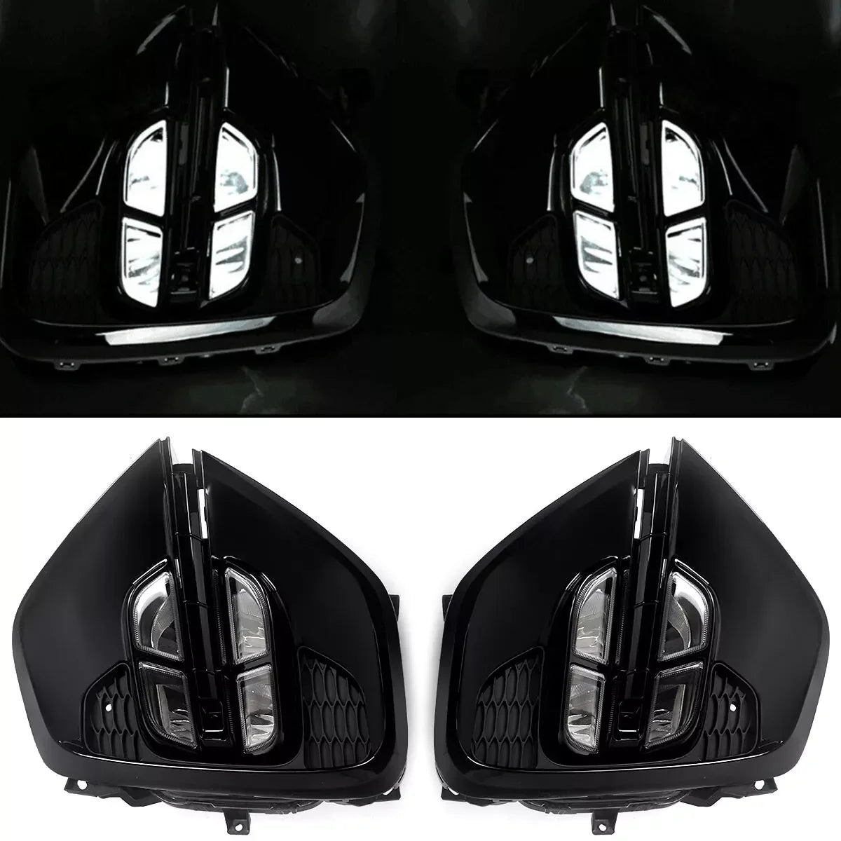 Eliteridegear quad LED fog lights kit with switch wires and plug-and-play assembly for car fog light upgrade.