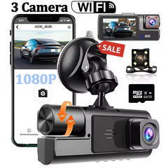 Eliteridegear 3 lens car recorder with 1080P front and rear cameras, night vision, WiFi, and memory card for vehicle security.