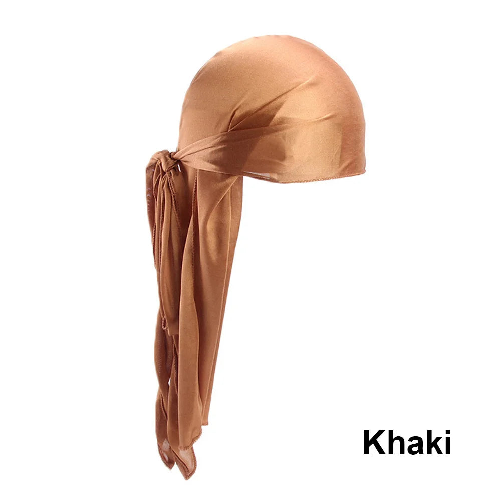 Unisex satin long tail doo rag durag bandana cap with pirate and turban style, black headwrap for men and women, hip hop and biker fashion