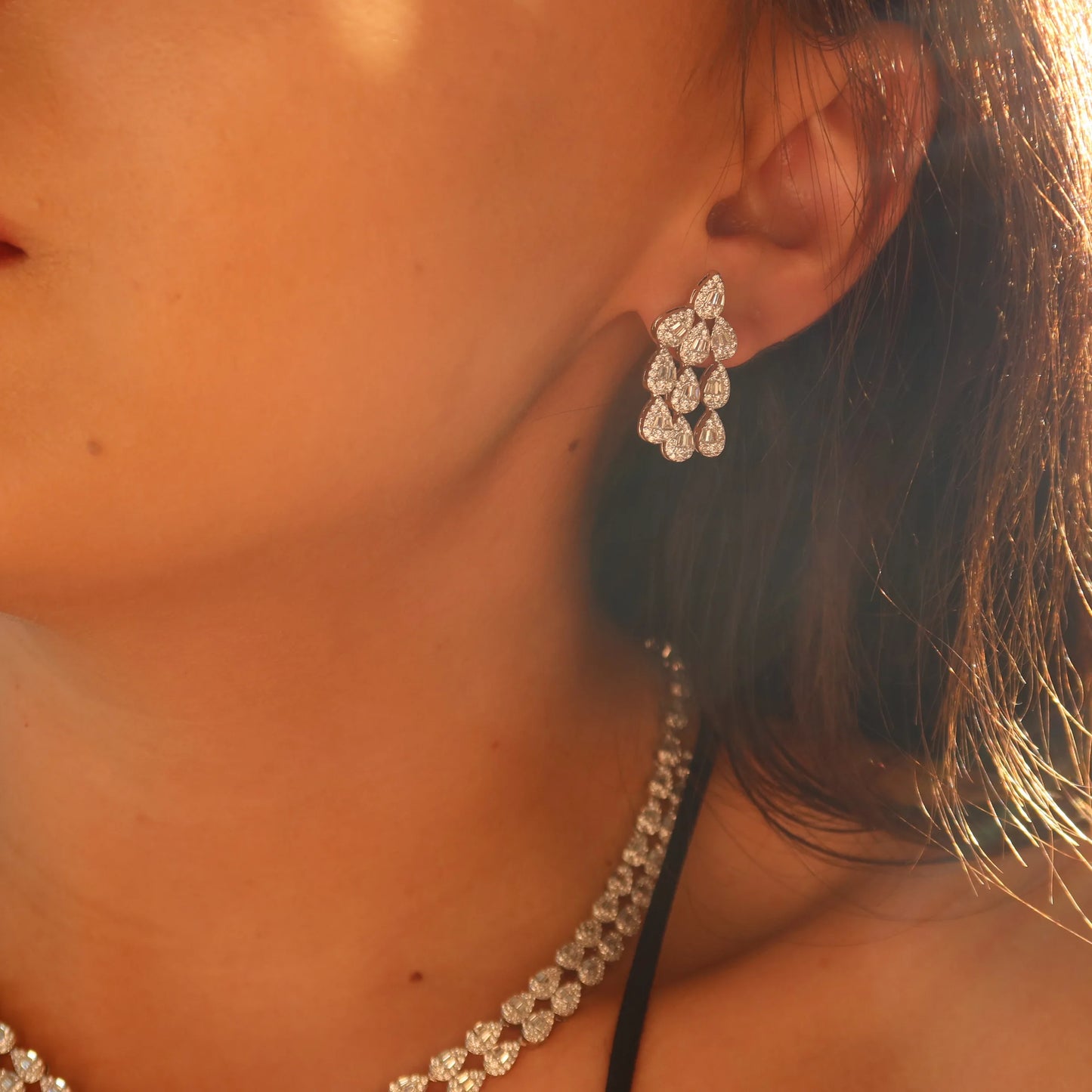 Luxury Water Drop Long Necklace Bracelet Earring Set for Women's Cubic Zirconia Bridal Jewelry S543