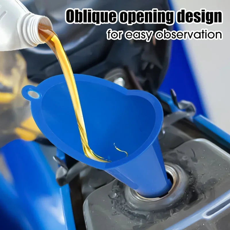 Eliteridegear car long stem plastic fuel funnel for gasoline, oil, and motorcycle refueling with anti-splash design.
