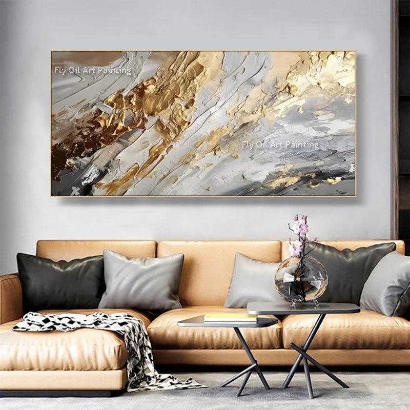 Abstract Golden White Knife Painting – Wall Art Gift