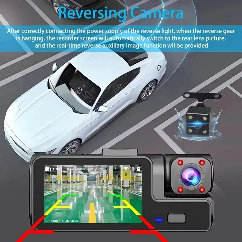 Eliteridegear 3 lens car recorder with front and rear cameras, 1080P HD video, night vision, VCR, WiFi, and included memory card.