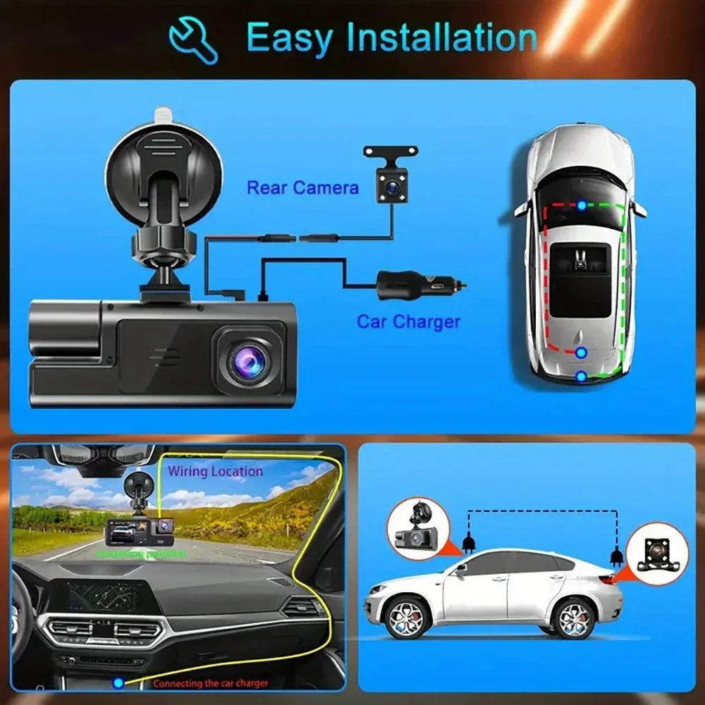 Eliteridegear 3 lens car recorder with front and rear cameras, 1080P HD video, night vision, VCR, WiFi, and memory card slot.