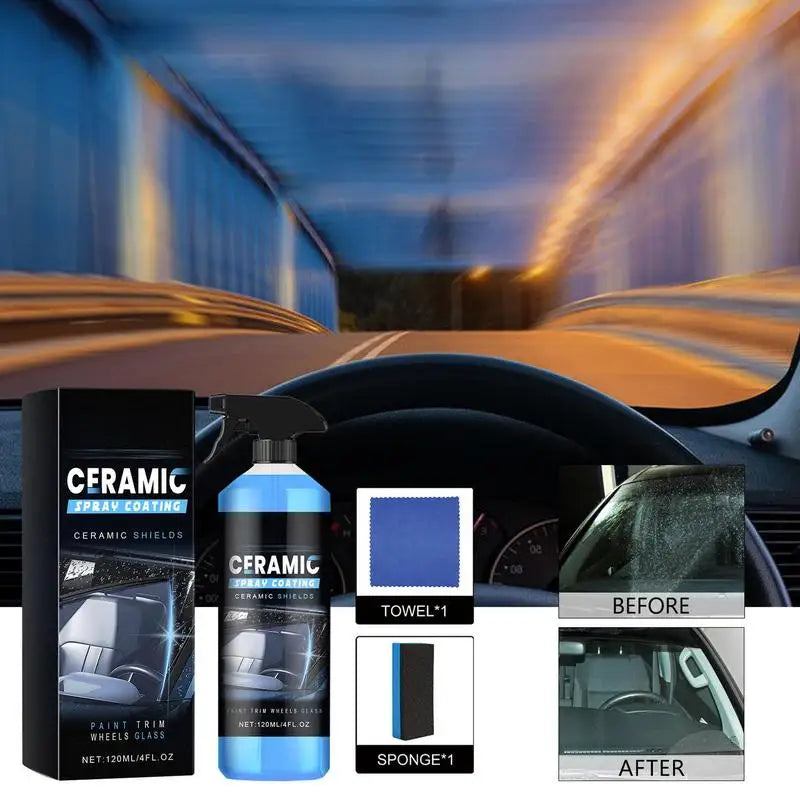 Eliteridegear 120ml glass cleaner spray with nano coating liquid for hydrophobic, anti-scratch car waxing and polishing.