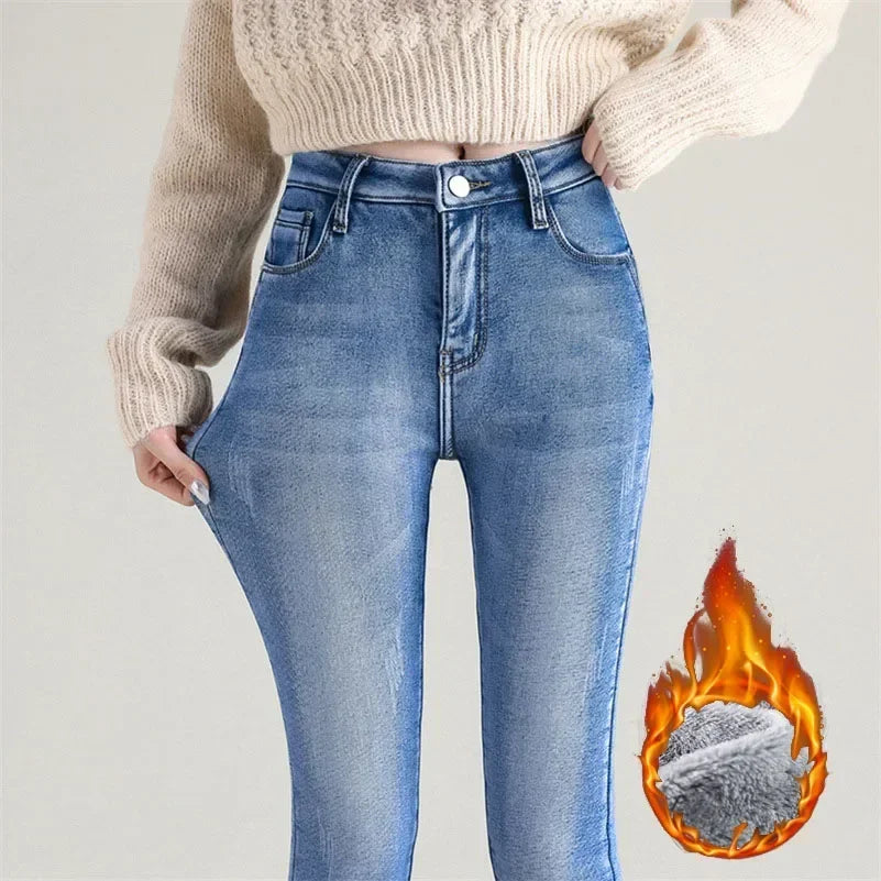 Women’s thermal skinny fleece jeans by Adistore, winter warm stretch denim ladies' jeans with cozy fleece lining.