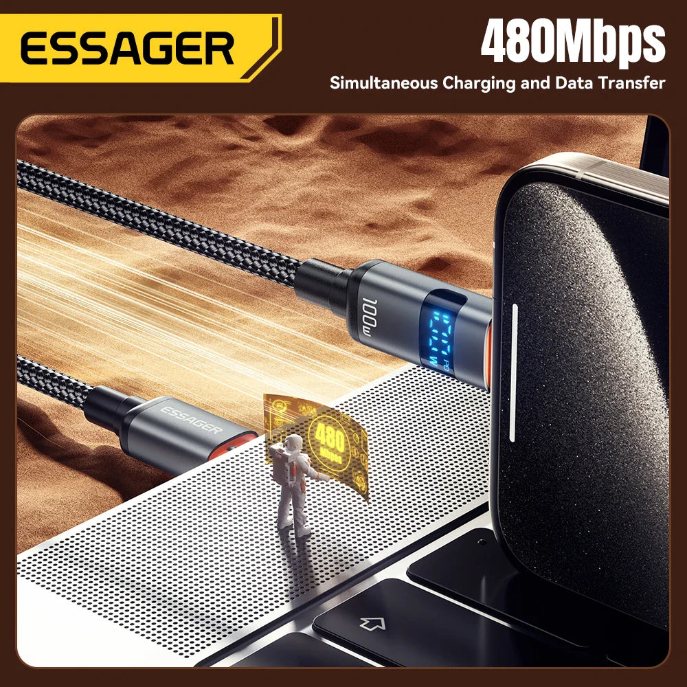 Adistore Essager 100W USB-C to USB-C PD fast charge cable showing black braided design and USB-C connectors for quick charging.