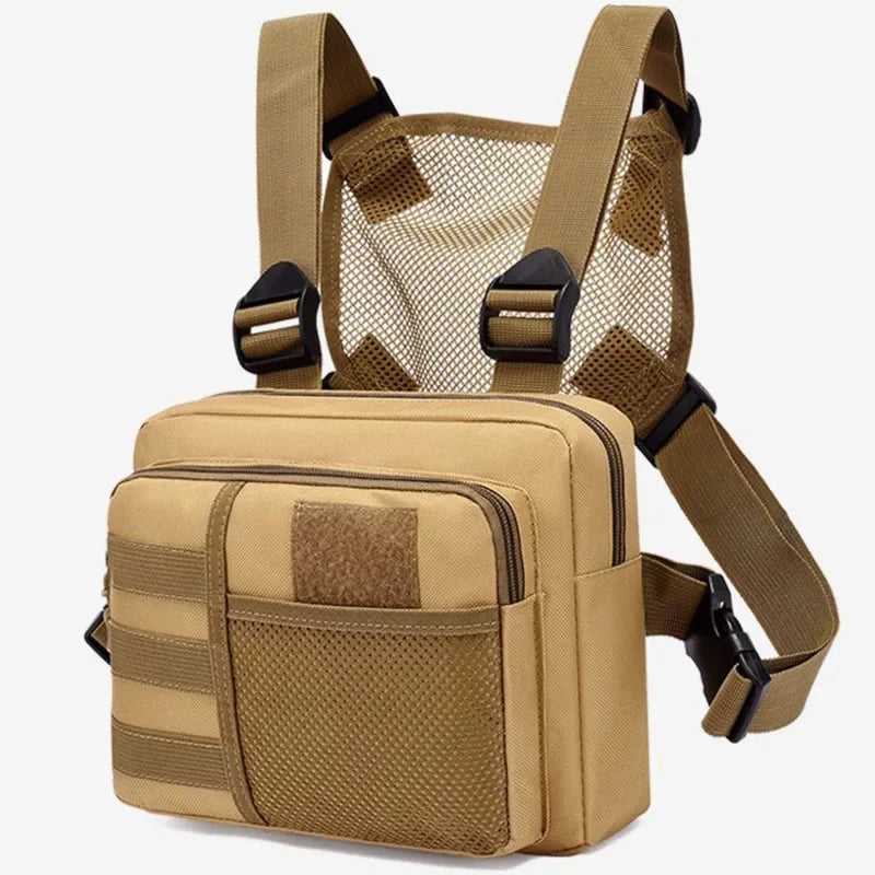 Unisex tactical vest and chest rig bag with waterproof Oxford fabric, featuring multiple compartments and a sporty streetwear style.