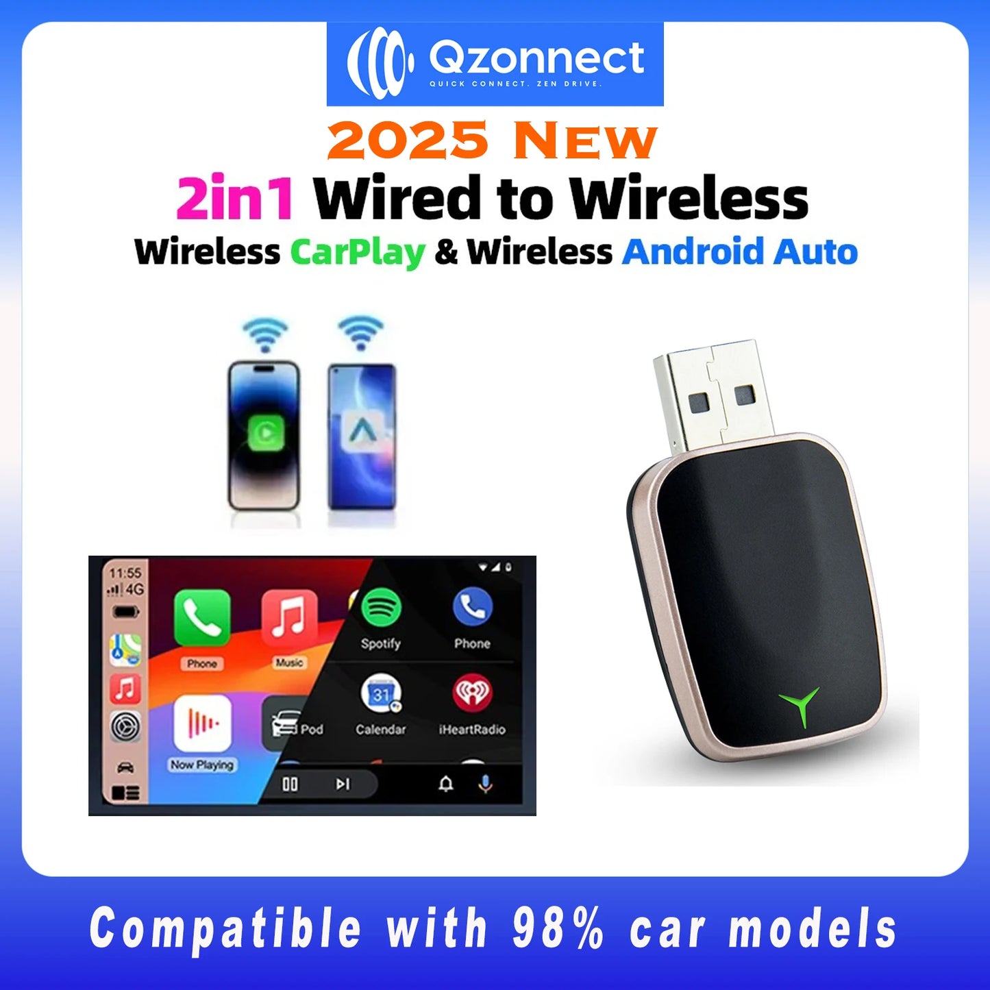 Qzonnect 2025 New Wireless CarPlay & Android Auto Adapter | Wireless Dongle – Ultra-Compact | For Factory-Wired CarPlay AA