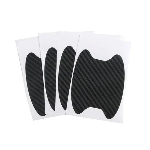 Set of four Eliteridegear carbon fiber car door handle protective film stickers showing textured scratch-resistant covers on vehicle handles.