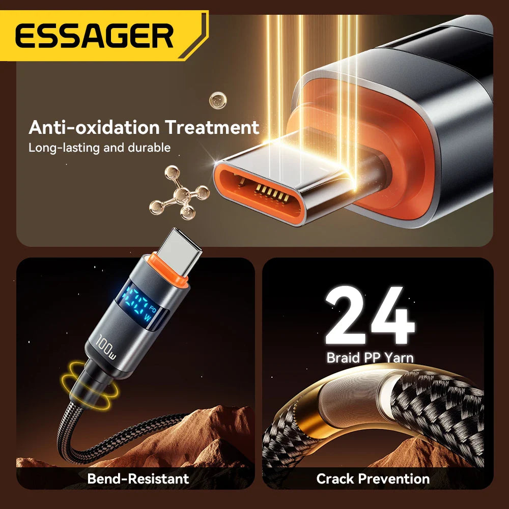 Adistore Essager 100W USB-C to USB-C PD fast charger cable, black, with braided design for durable and quick charging.