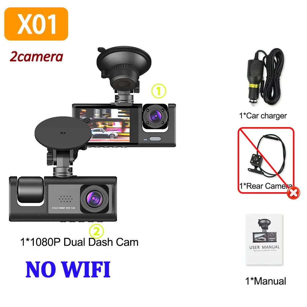 Eliteridegear 3 lens car recorder with front and rear cameras, 1080P resolution, night vision, WiFi, and included memory card.