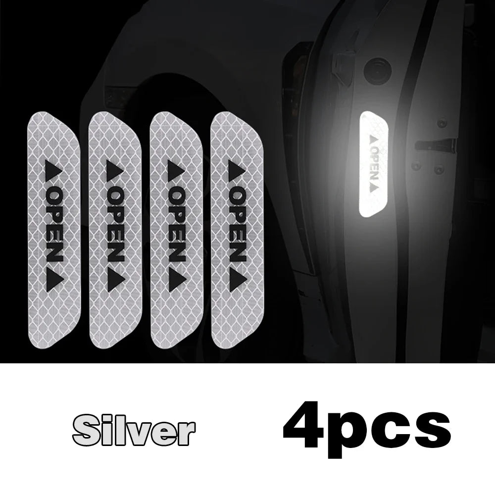 Eliteridegear 4-piece reflective car door sticker set with warning tape and decals, visible on car exterior for safety and visibility.