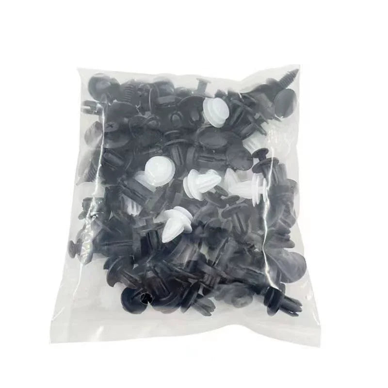 Set of 100 auto fastener clips by Eliteridegear, including fender rivet clips, bumper retainers, and door trim push pins for cars.