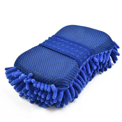 Blue microfiber chenille car wash sponge and cleaning brush pad, ideal for auto washing and detailing.