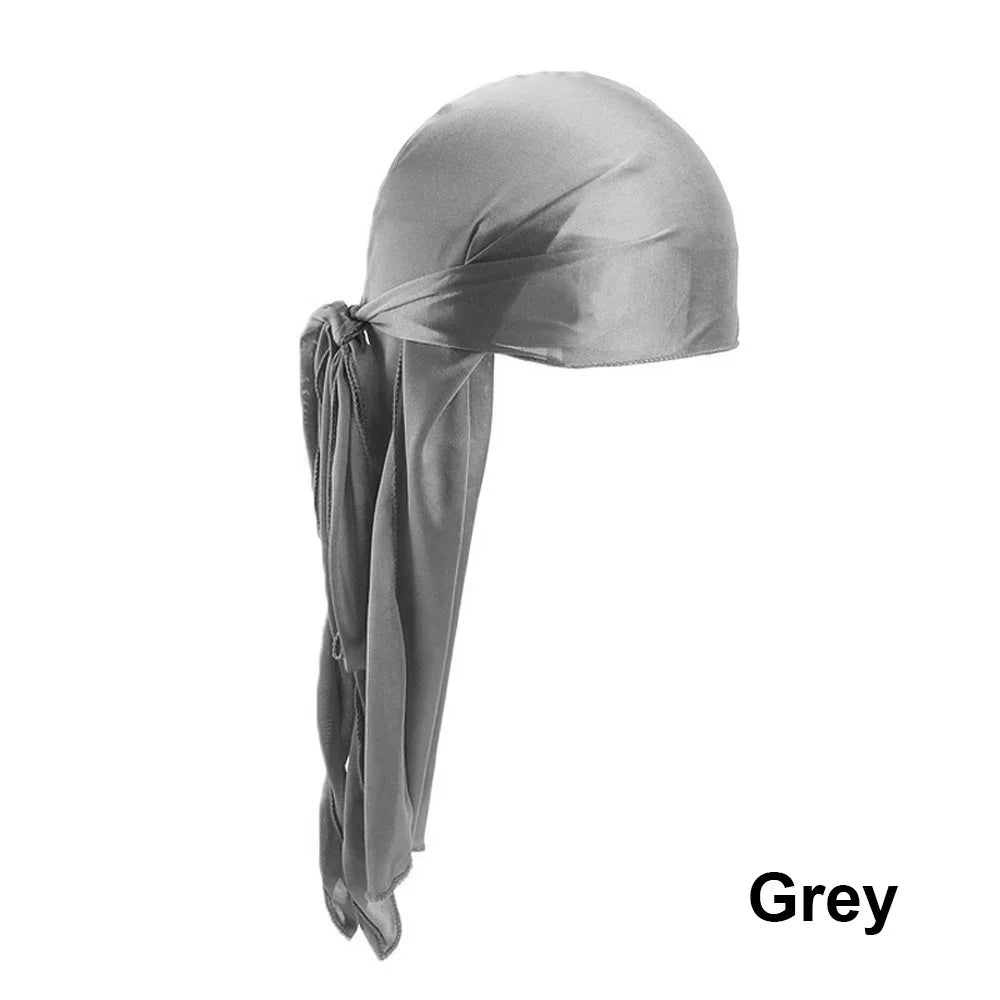 Unisex satin long tail doo rag durag bandana cap with pirate and turban style, worn as hip hop or biker headwear by men and women