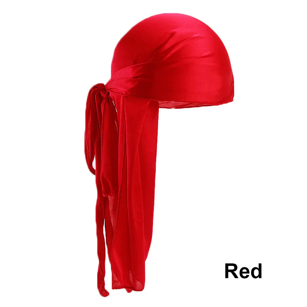 Unisex satin long tail doo rag durag with pirate hat style, worn as hip hop or biker headwrap for men and women by Eliteridegear.