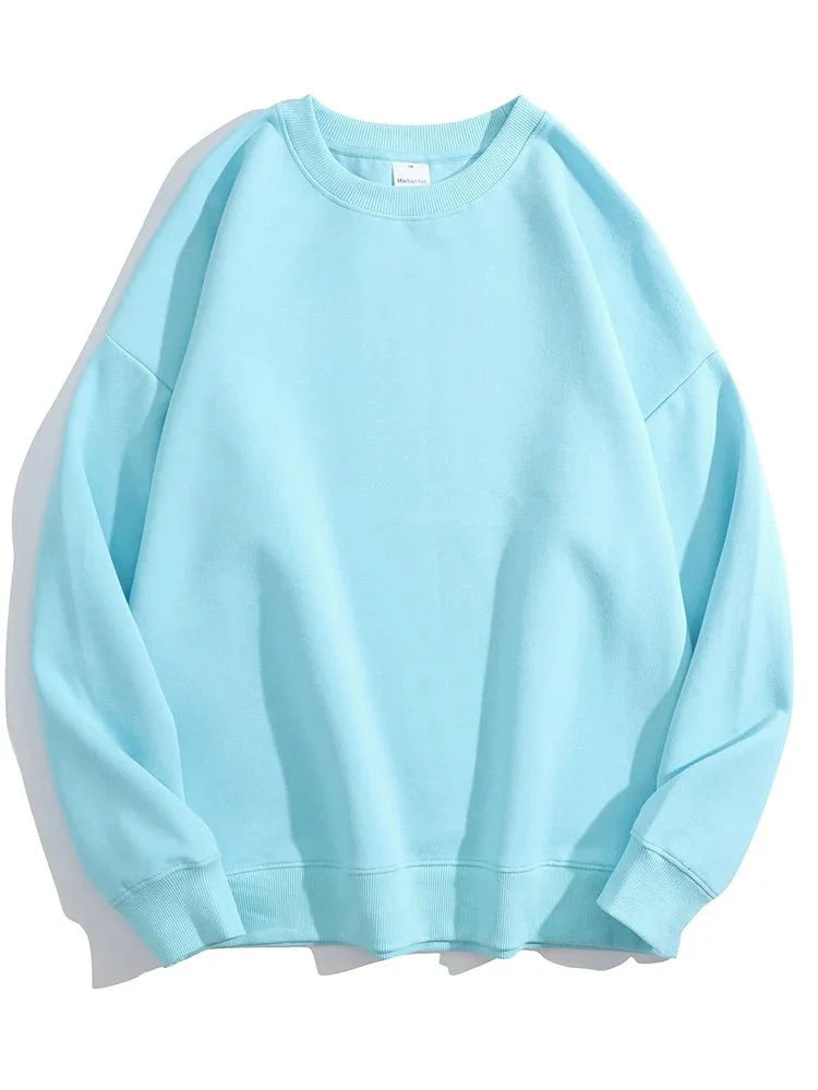 Blue Cotton Oversize Sweatshirt for Women – O-Neck Loose Pullover