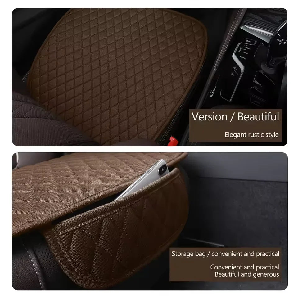 Eliteridegear universal flax car seat cover with breathable front and rear cushion protector mat, providing comfort and protection.