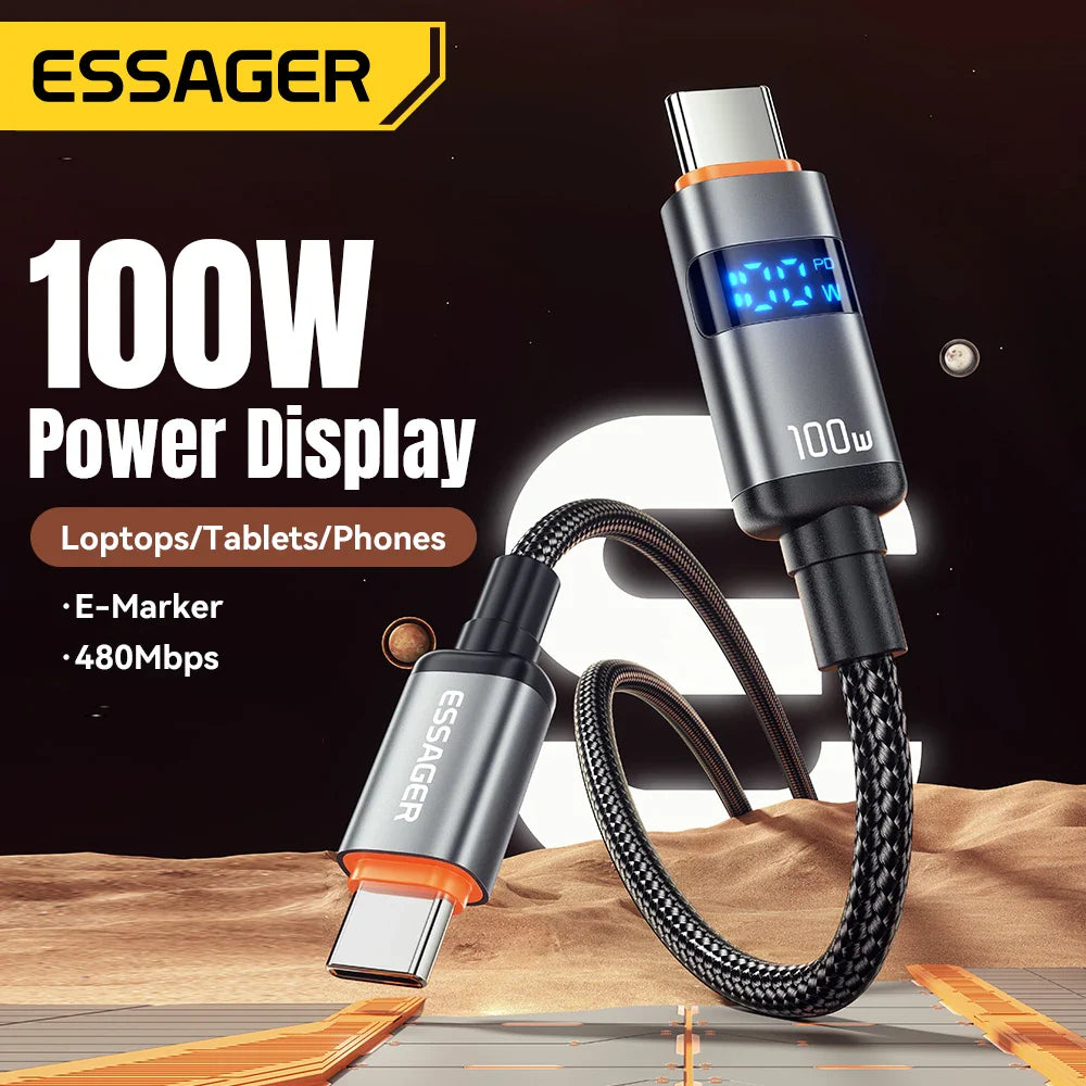 Adistore Essager 100W USB-C to USB-C PD fast charge cable on a white background, showcasing durable cable design and connectors