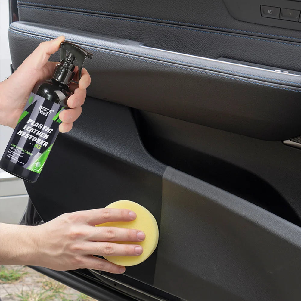 Eliteridegear 300ML car plastic and leather restorer liquid in a bottle with a spray nozzle for vehicle interior restoration.