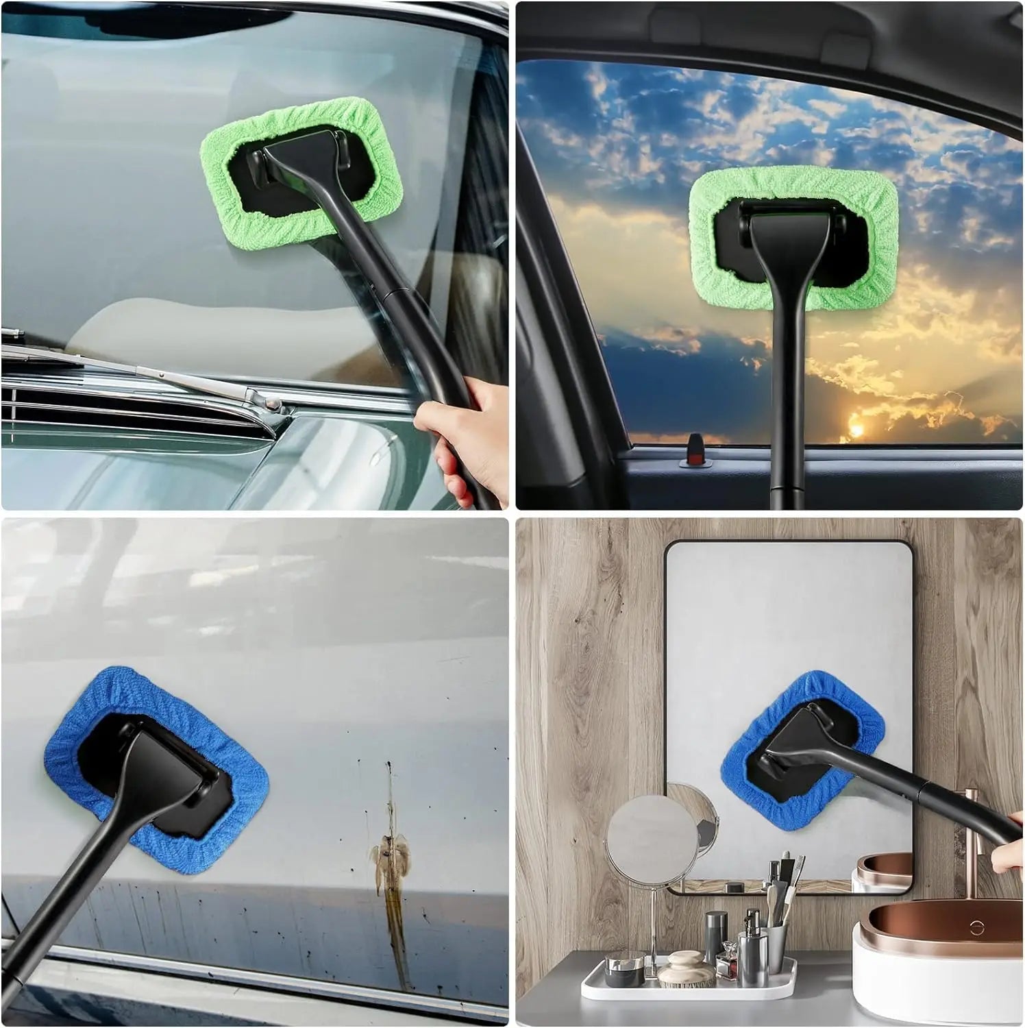 Eliteridegear windshield cleaning tool with automatic window cleaner and five reusable cloth pads for automotive interior cleaning.