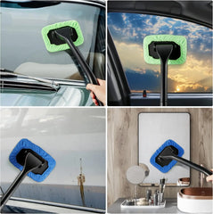 Eliteridegear windshield cleaning tool with automatic window cleaner and five reusable cloth pads for automotive interior cleaning.
