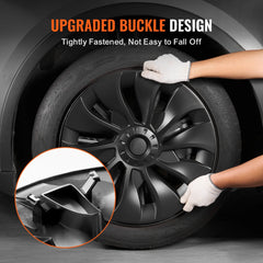 Eliteridegear VEVOR 18-inch ABS and PC wheel rim cover with snap-on design, guard tape, and valve nozzle hole on a vehicle wheel