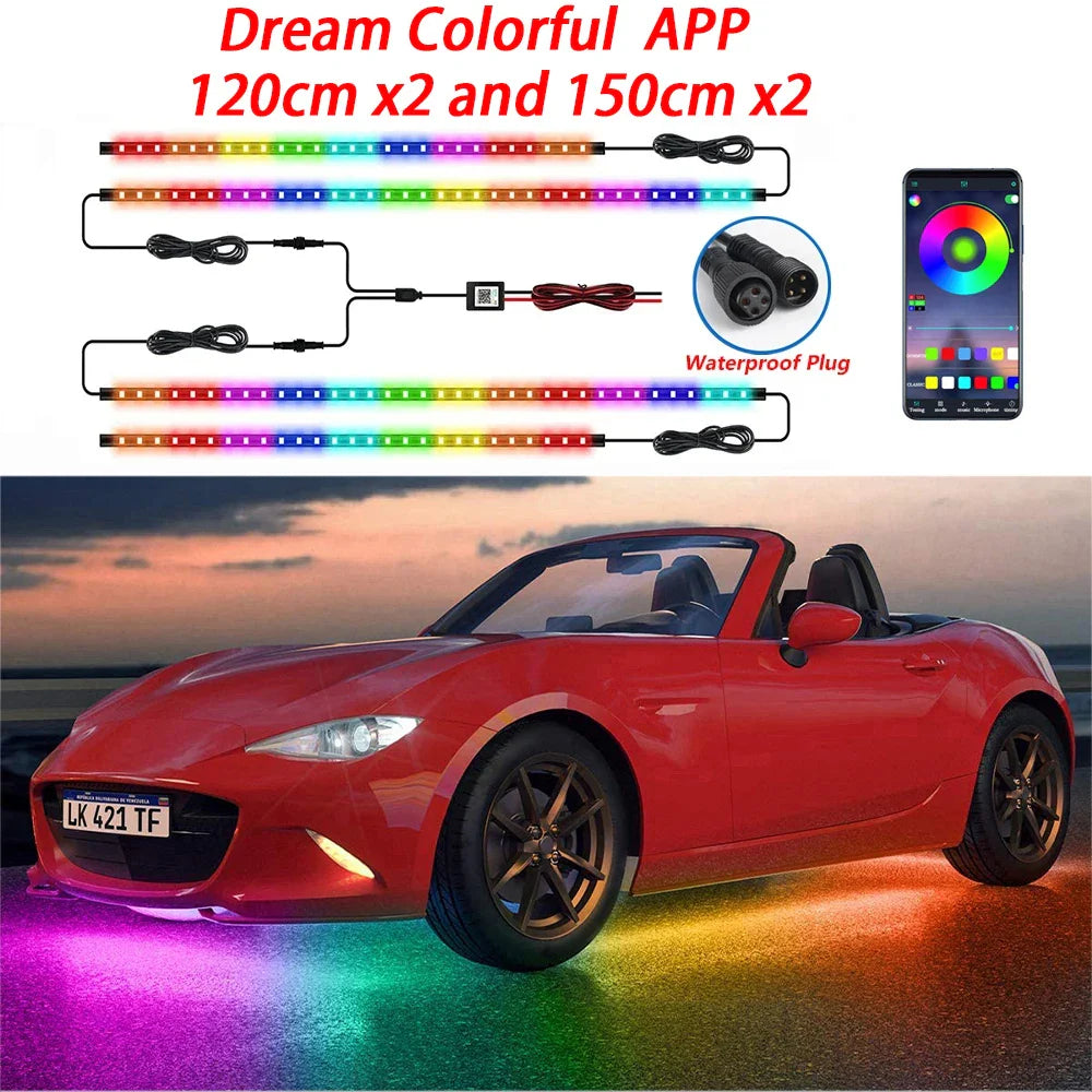 RGB flexible car underglow light strip by Eliteridegear, 12V LED underbody ambient light with app control and neon decorative glow