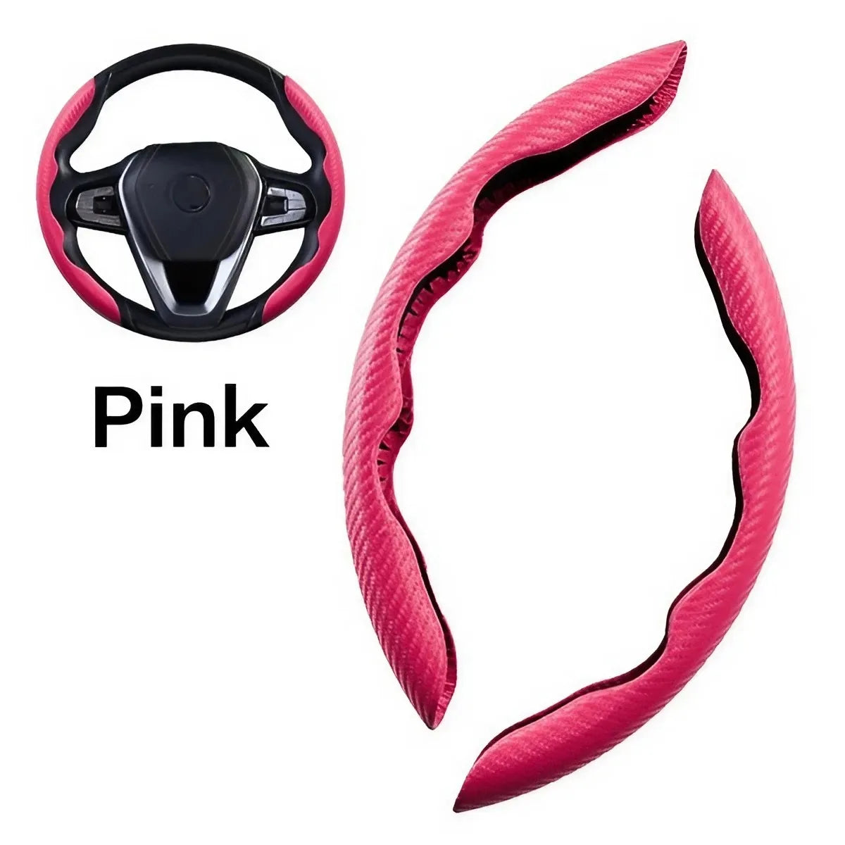 Universal steering wheel cover by Eliteridegear featuring ultra-thin carbon fiber design and anti-slip pattern on a car wheel.