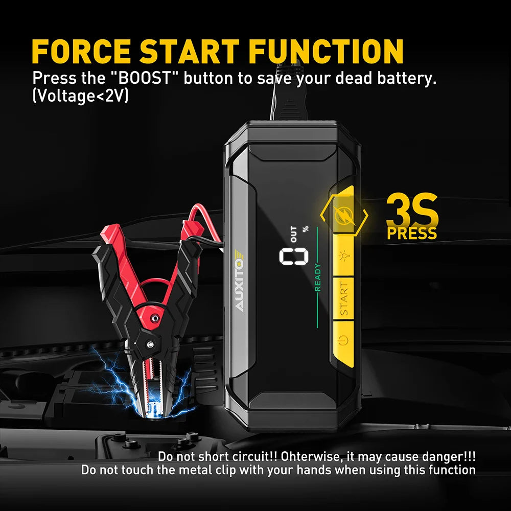 Eliteridegear 20,000mAh portable car battery jump starter with USB quick charge and 12V jump start function, shown with cables and device