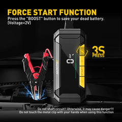 Eliteridegear 20,000mAh portable car battery jump starter with USB quick charge and 12V jump start function, shown with cables and device