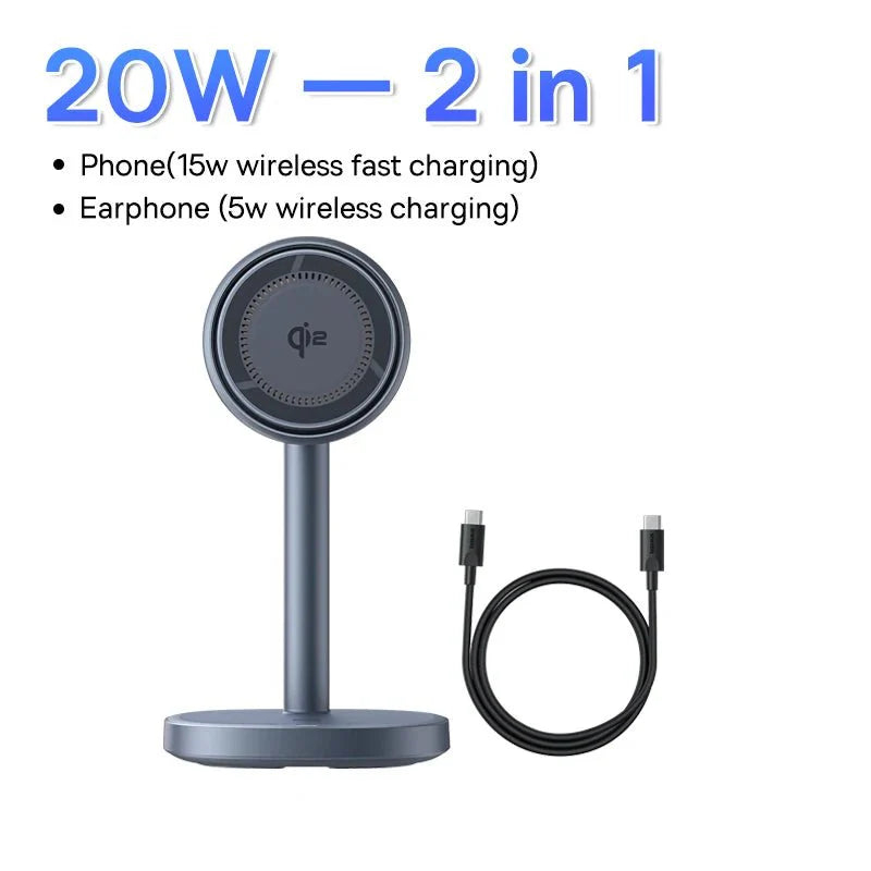 Baseus 2-in-1 magnetic wireless charger stand with 15W Qi2 for iPhone, shown holding an iPhone in a vertical position