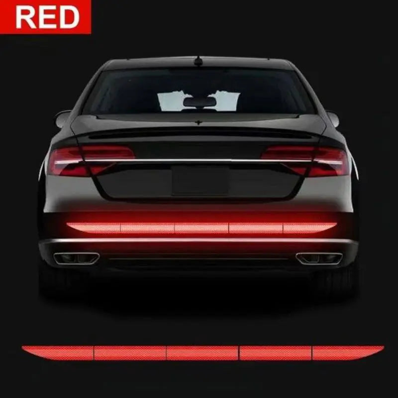 Reflective warning safety tape for automobiles, Eliteridegear car exterior accessory, anti-collision reflective strips on a vehicle trunk.
