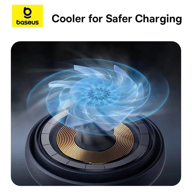 Baseus 2-in-1 magnetic wireless charger stand with 15W Qi2 for iPhone, featuring a sleek design for easy charging.