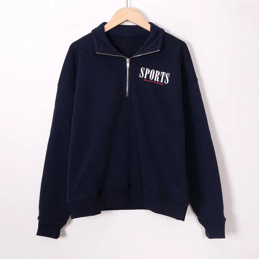 Adistore ZESSAM Club graphic sweatshirt for women, long sleeve with collar, shown in a stylish, comfortable design.