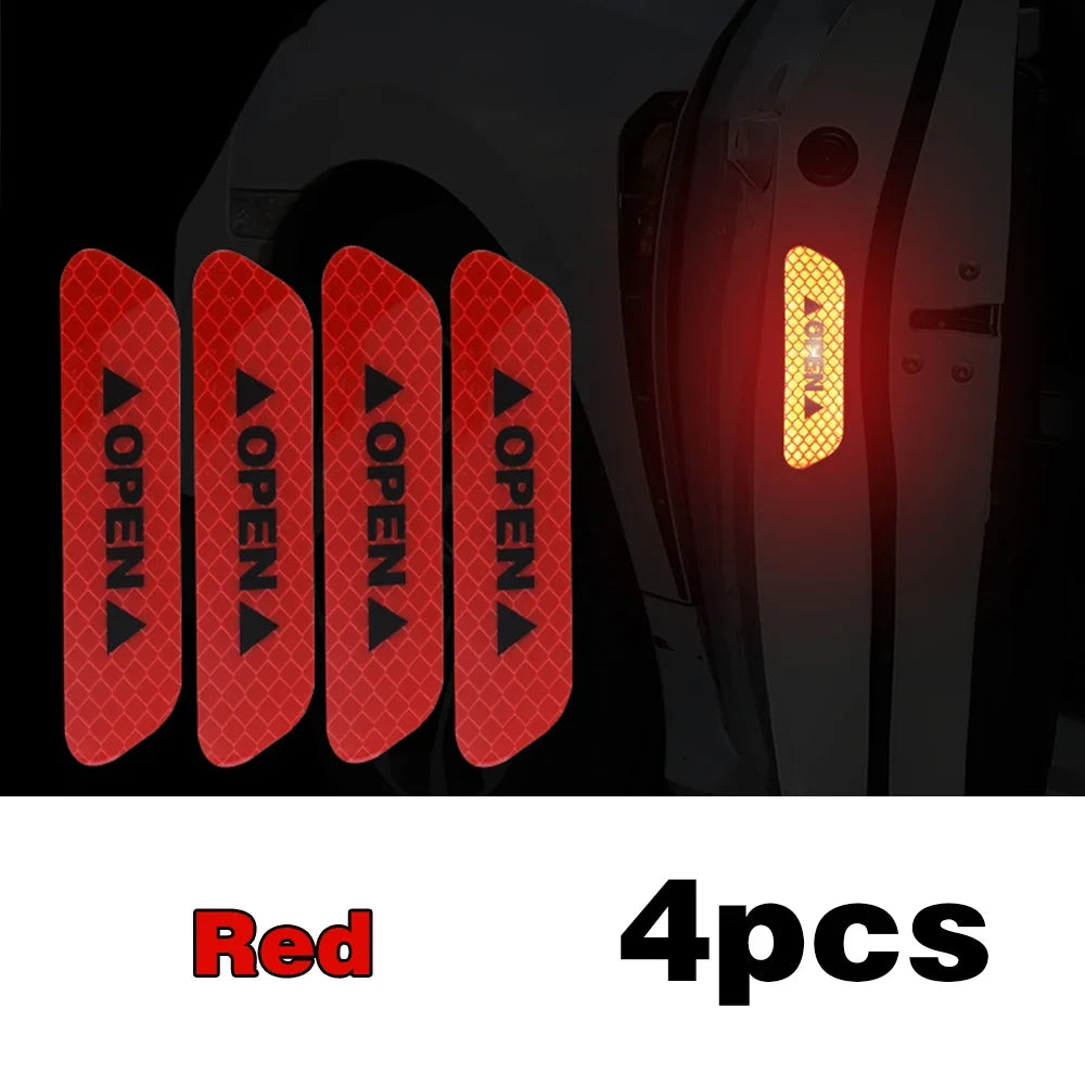 Eliteridegear 4-pack reflective car door stickers with safety warning tape, visible on vehicle exterior for enhanced safety.