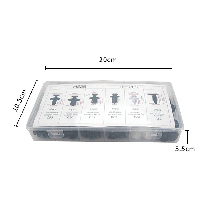 Set of 100 Eliteridegear auto fastener clips including rivet and push retainers for car body, bumper, door, and trim panel repair.