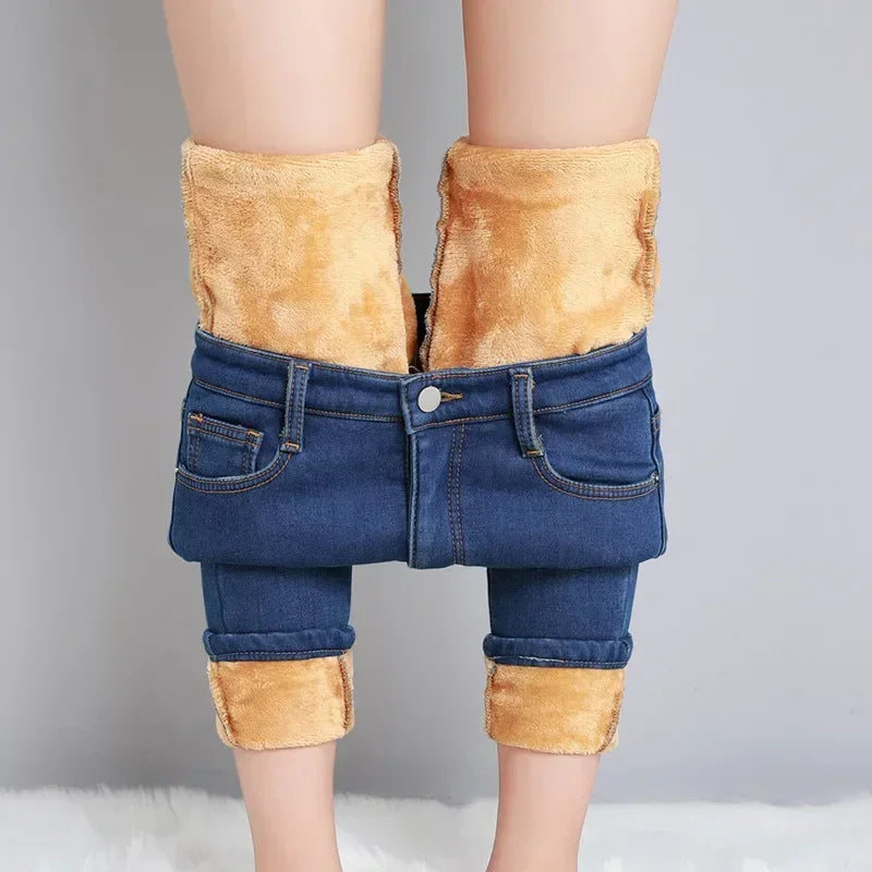 Women’s thermal skinny fleece jeans by Adistore featuring winter warm stretch denim in a close-up view