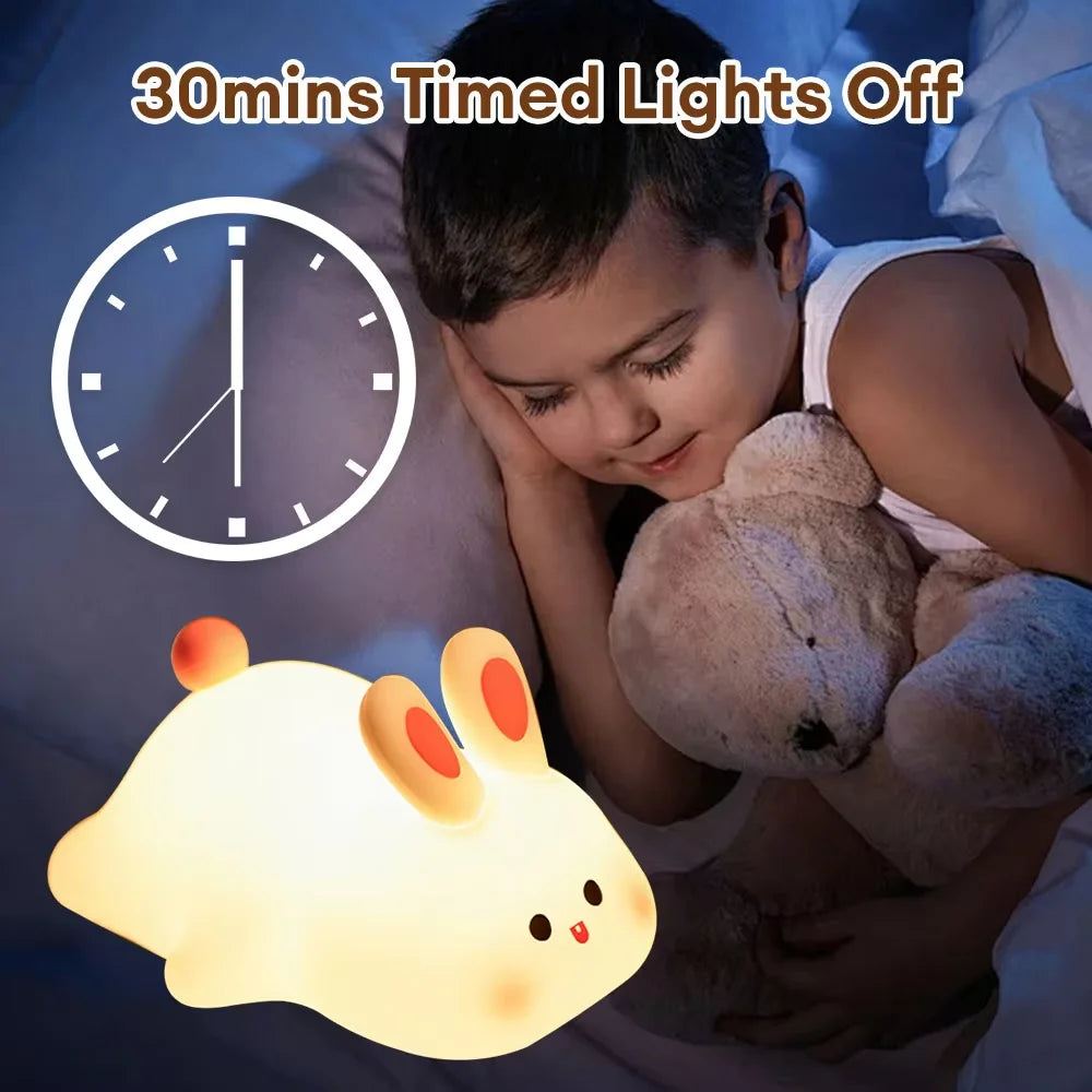 Cute bunny cartoon night light with USB rechargeability, touch dimming, ideal as a children's bedside sleep gift.
