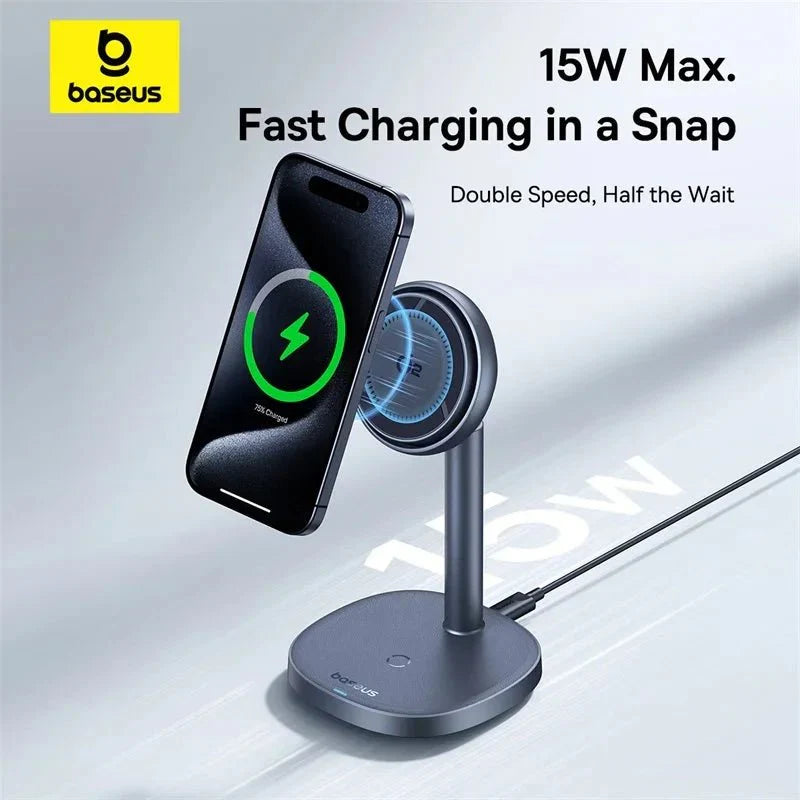 Baseus 2-in-1 magnetic wireless charger stand with 15W Qi2 charging for iPhone, shown in black with sleek design.