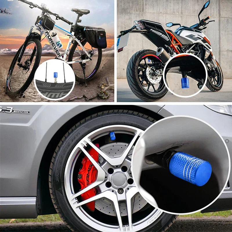 Set of 4 Eliteridegear aluminum car tire valve stem caps with dust covers for universal wheel tire air valves.